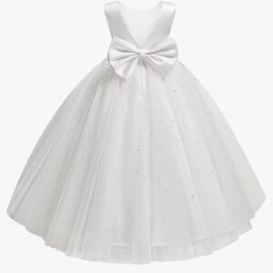 Flower Girl Dress, White Pearls Puffy Tulle Party Dress, Girl Size 2 w/ Bow-Knot